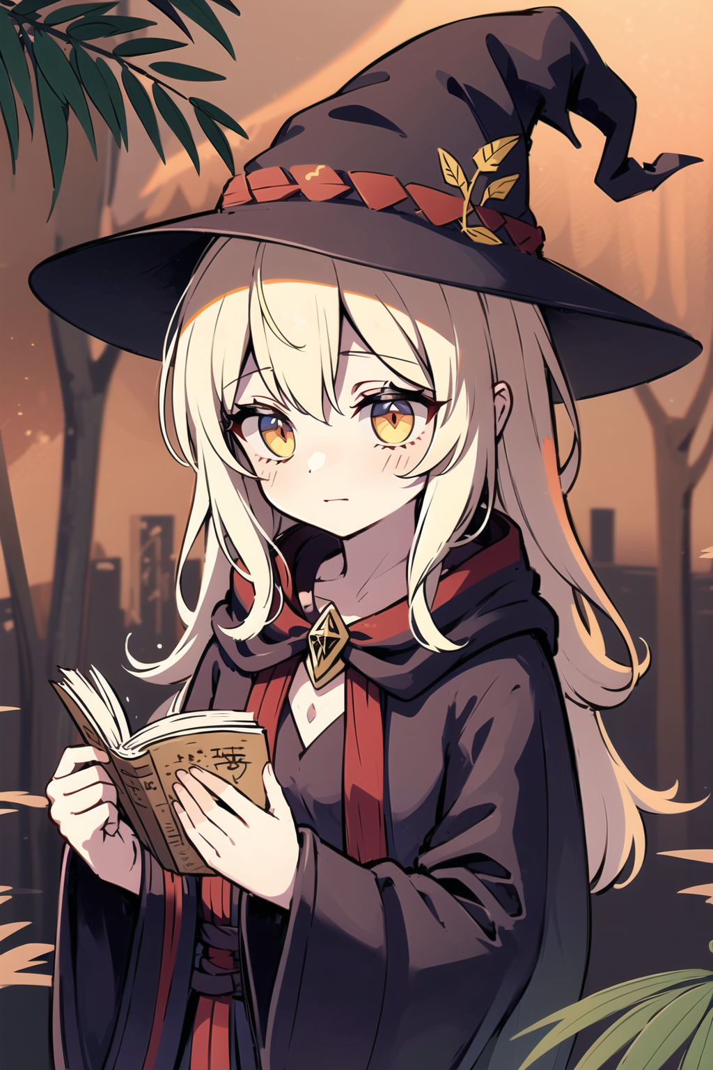 masterpiece, best quality, ultra-detailed, portrait of a young witch reading a magic book, soft delicate beautiful attract...